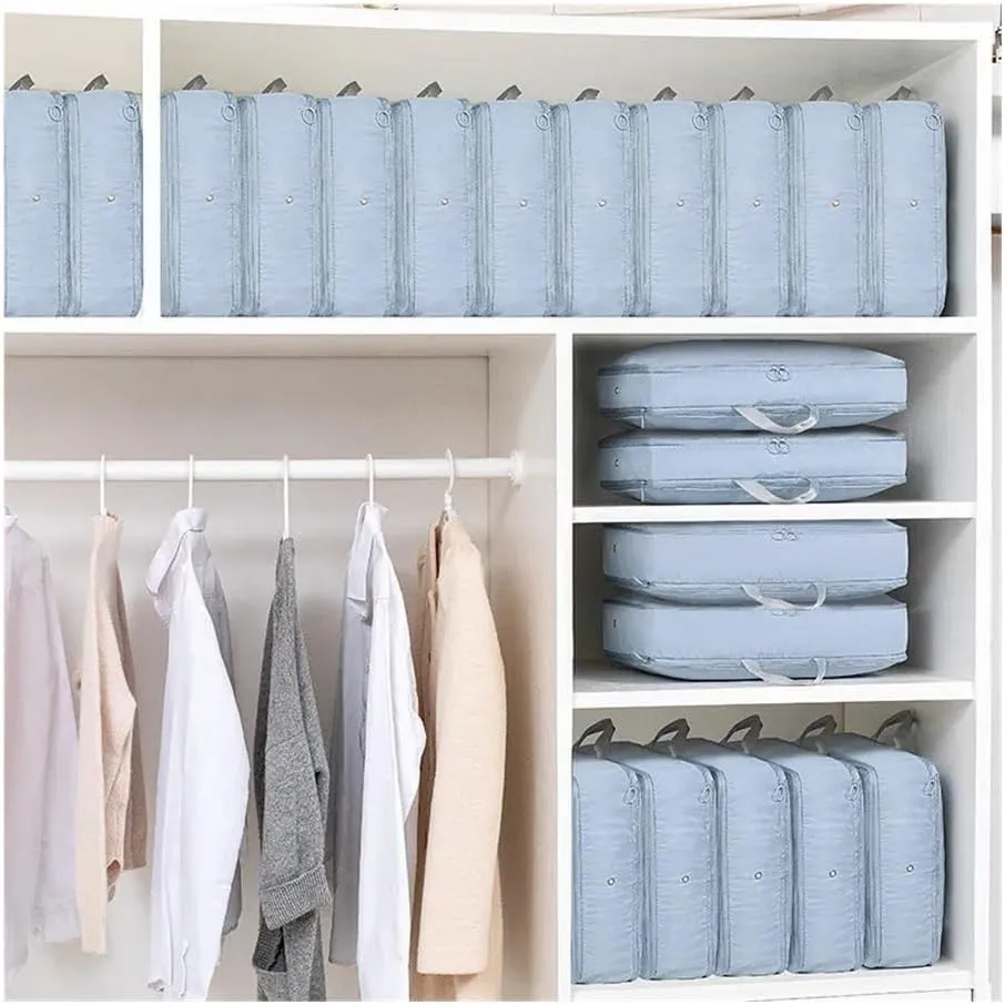 2PCS Compression Packing Cube Wardrobe Drawer Puffer Jacket Storage Foldable Luggage Suitcase Organizer Compressed Travel Clothes Bag(Blue,40X30X18)