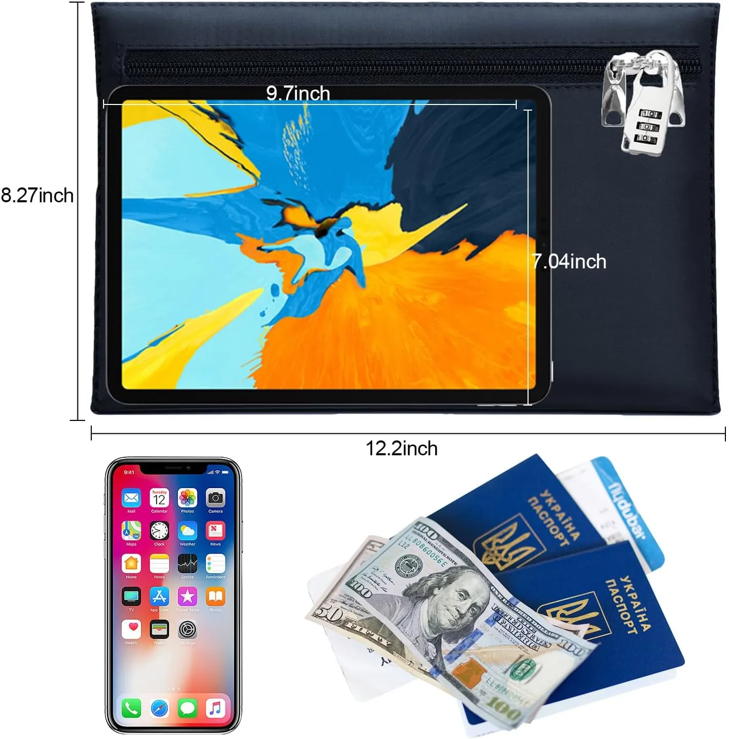 2Pcs Lockable Bank Bag Large 12.2x8.2 Inches With Lock, Dual Zipper Safe Deposit Bag for Money and Cash (2, Blue, Medium)