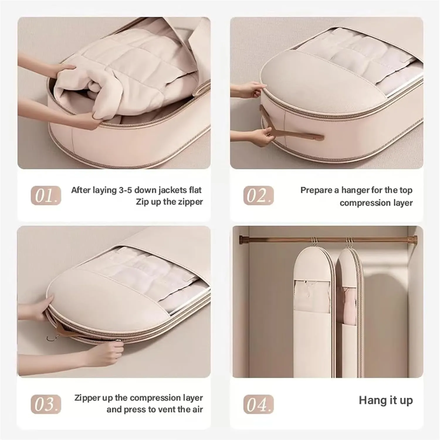 2PCS Space Saving Hanging Garment Bag with Self Compression Zipper,Heavy Duty Garment Bag for Down Coat,Space Saver Closet Organizers (Beige, X-Large)