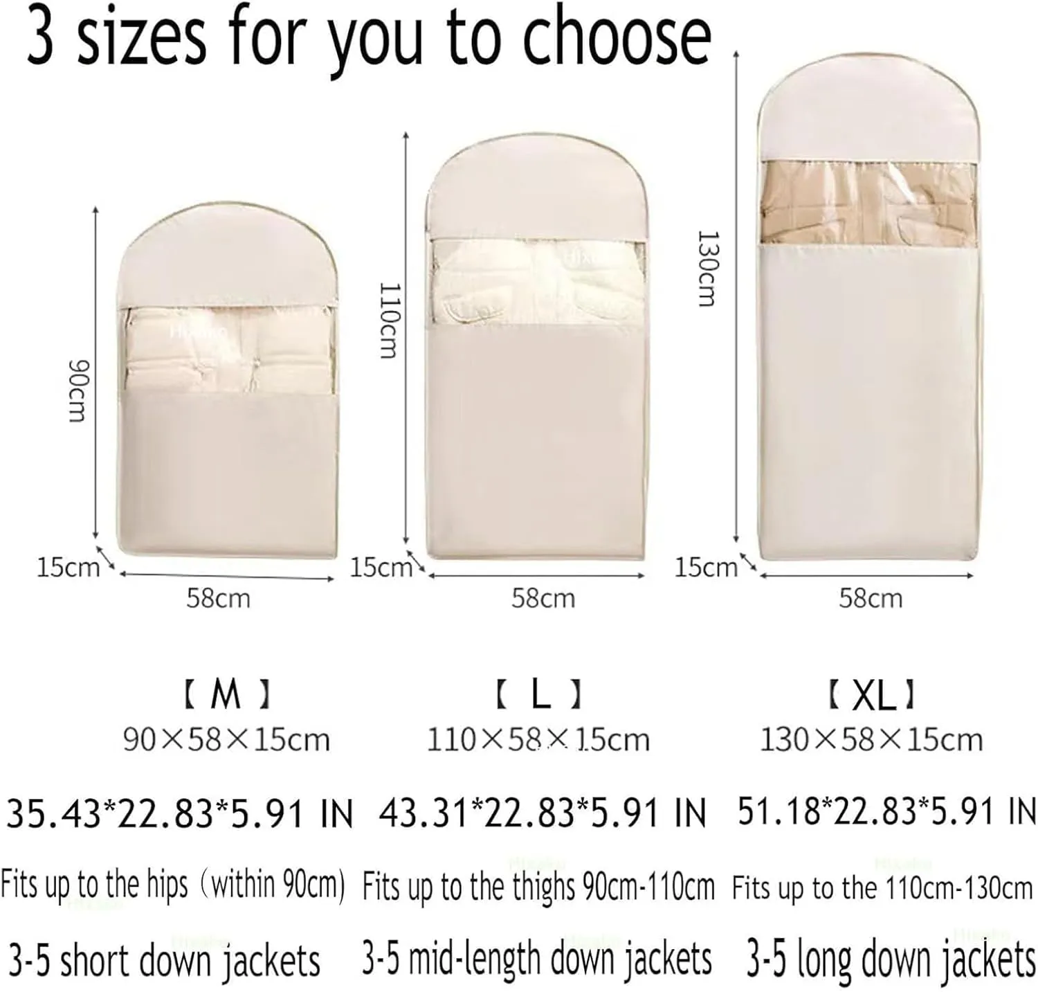 2PCS Space Saving Hanging Garment Bag with Self Compression Zipper,Heavy Duty Garment Bag for Down Coat,Space Saver Closet Organizers (Beige, X-Large)