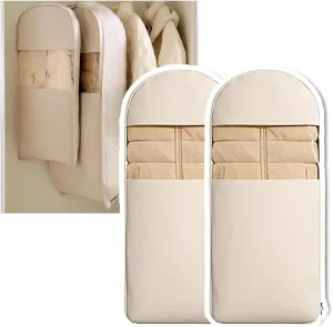 2PCS Space Saving Hanging Garment Bag with Self Compression Zipper,Heavy Duty Garment Bag for Down Coat,Space Saver Closet Organizers (Beige, X-Large)
