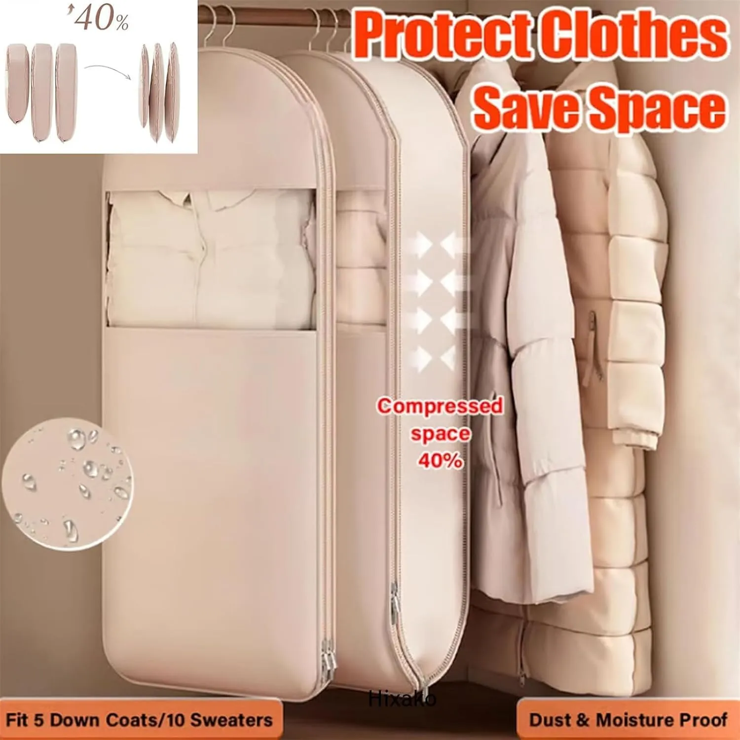 2PCS Space Saving Hanging Garment Bag with Self Compression Zipper,Heavy Duty Garment Bag for Down Coat,Space Saver Closet Organizers (Beige, X-Large)