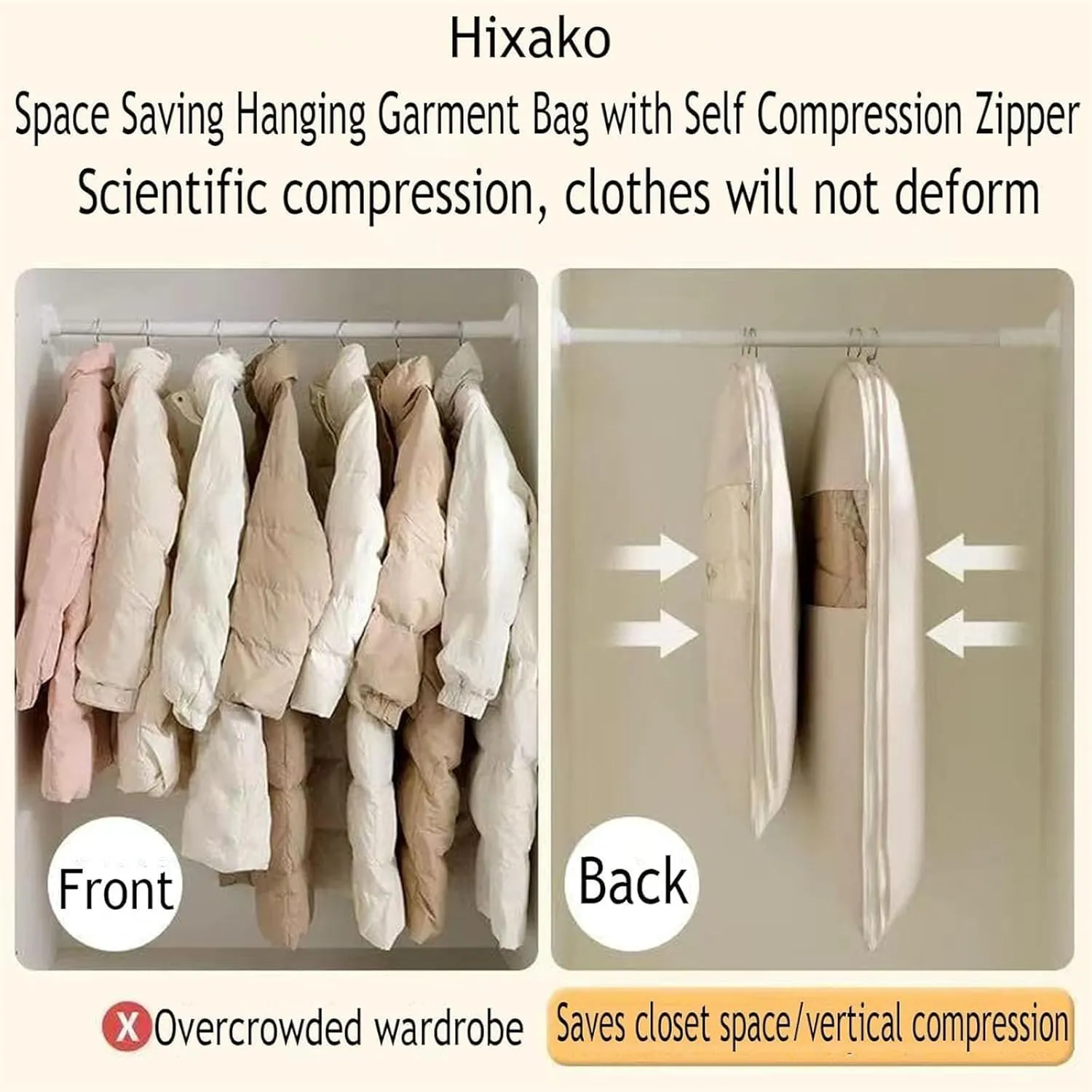2PCS Space Saving Hanging Garment Bag with Self Compression Zipper,Heavy Duty Garment Bag for Down Coat,Space Saver Closet Organizers (Beige, X-Large)