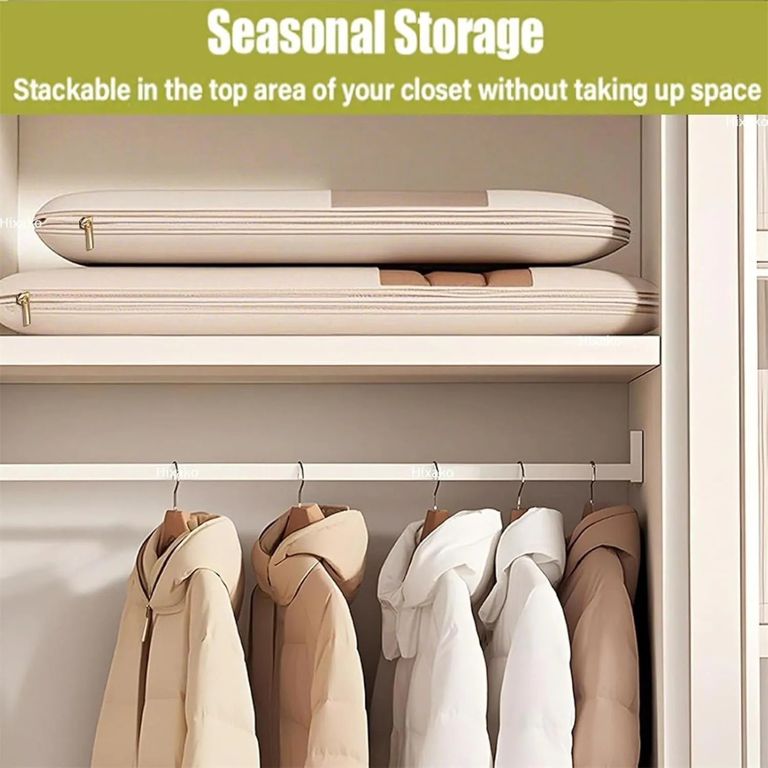 2PCS Space Saving Hanging Garment Bag with Self Compression Zipper,Heavy Duty Garment Bag for Down Coat,Space Saver Closet Organizers (Beige, X-Large)