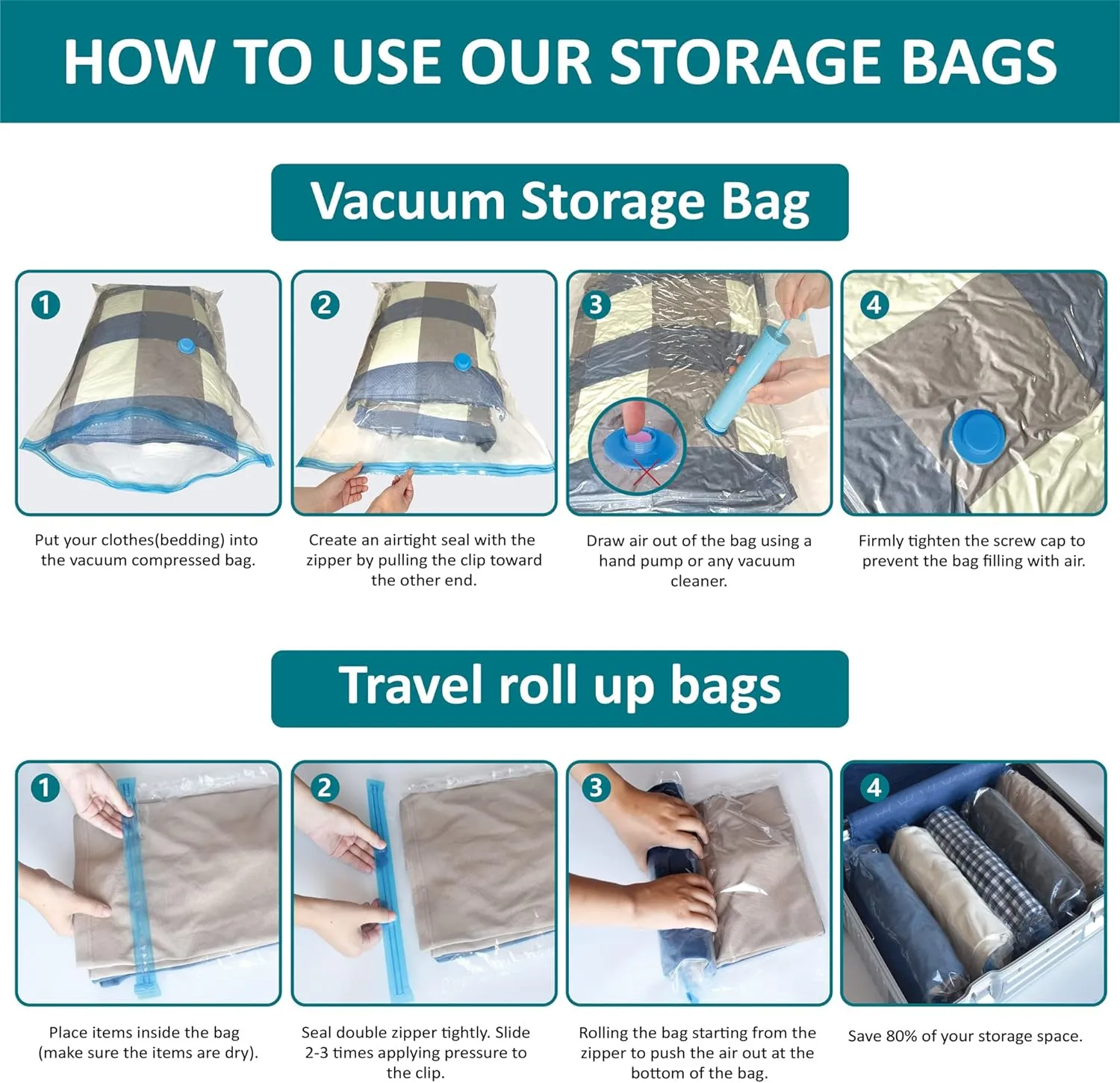 30 Pack Vacuum Storage Bags, Space Saver Vacuum Storage Bags, Vacuum Seal Bags for Clothing, Clothes, Comforters and Blankets, Hand Pump Included