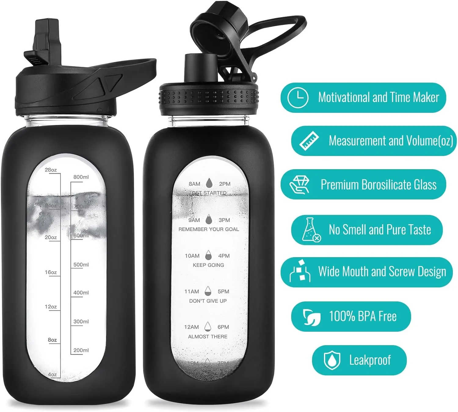 32 oz Glass Water Bottle with Straw and Handle, Sports Motivational Water Flask with Silicone Sleeve, Large Leakproof Water Flask Cup with Time Marker for Travel, Gym, Navy