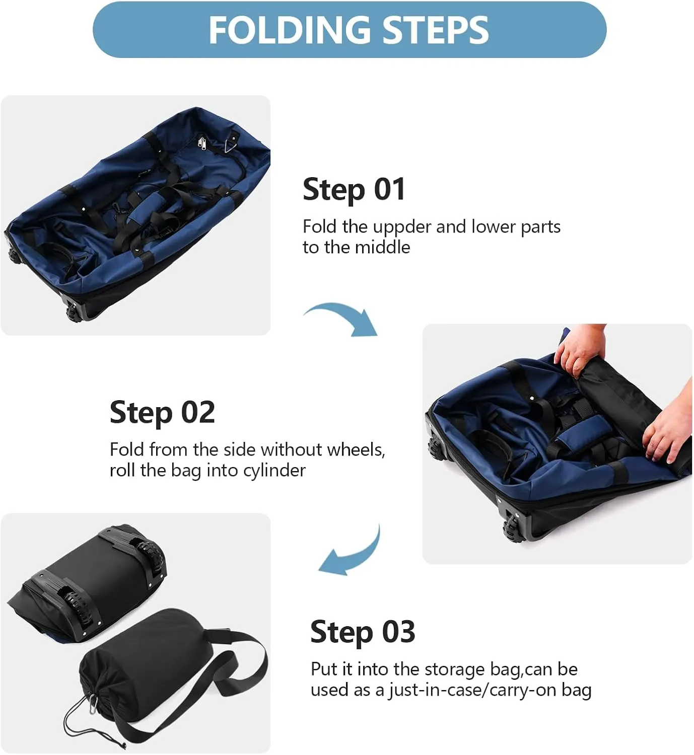 32" Soft-Sided Wheeled Luggage Bag,110L Expandable 140L Rolling Duffle Bag,Foldable Large Travel Bags with 2 Wheels,No Telescope Handle,Navy