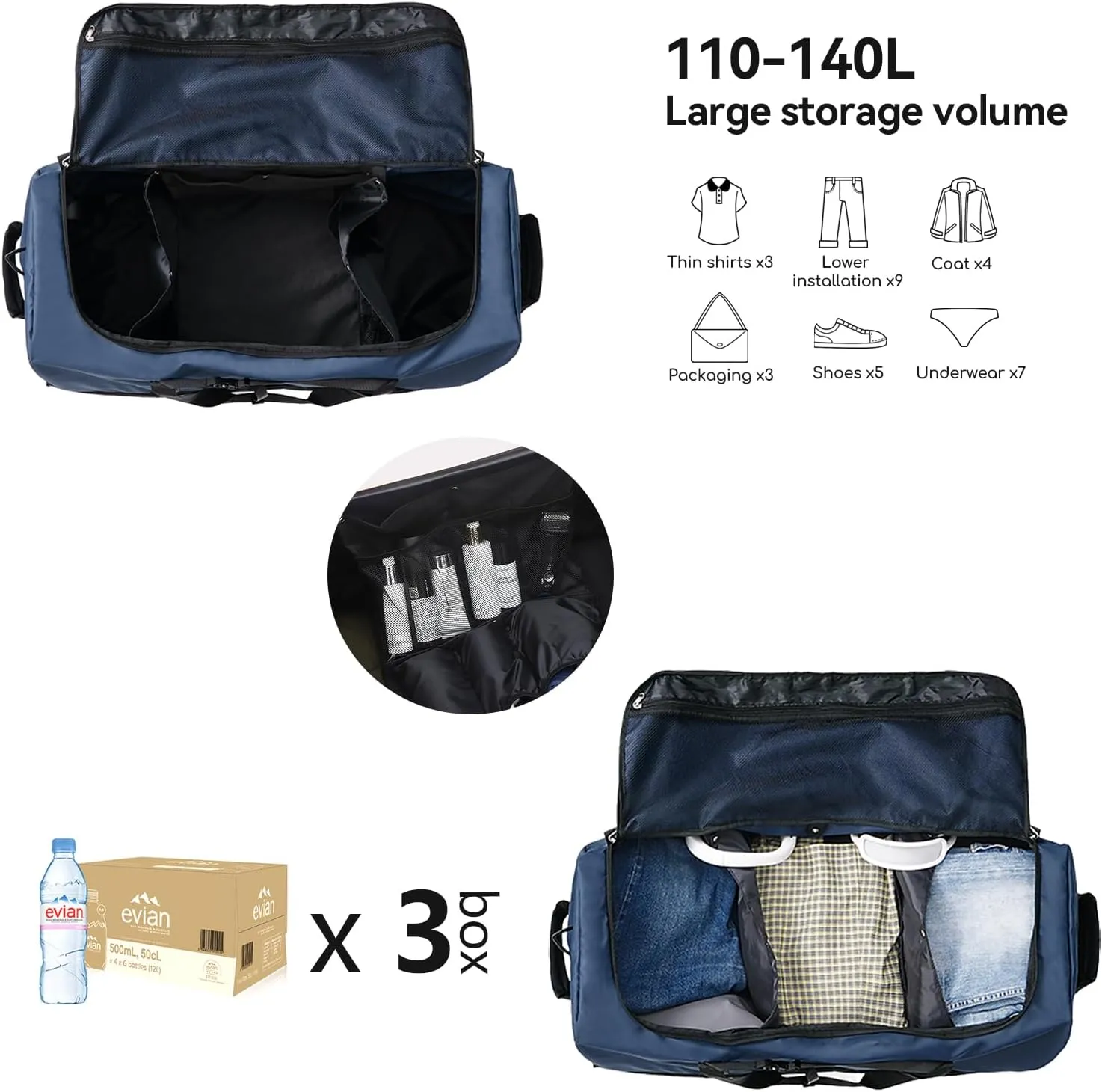 32" Soft-Sided Wheeled Luggage Bag,110L Expandable 140L Rolling Duffle Bag,Foldable Large Travel Bags with 2 Wheels,No Telescope Handle,Navy