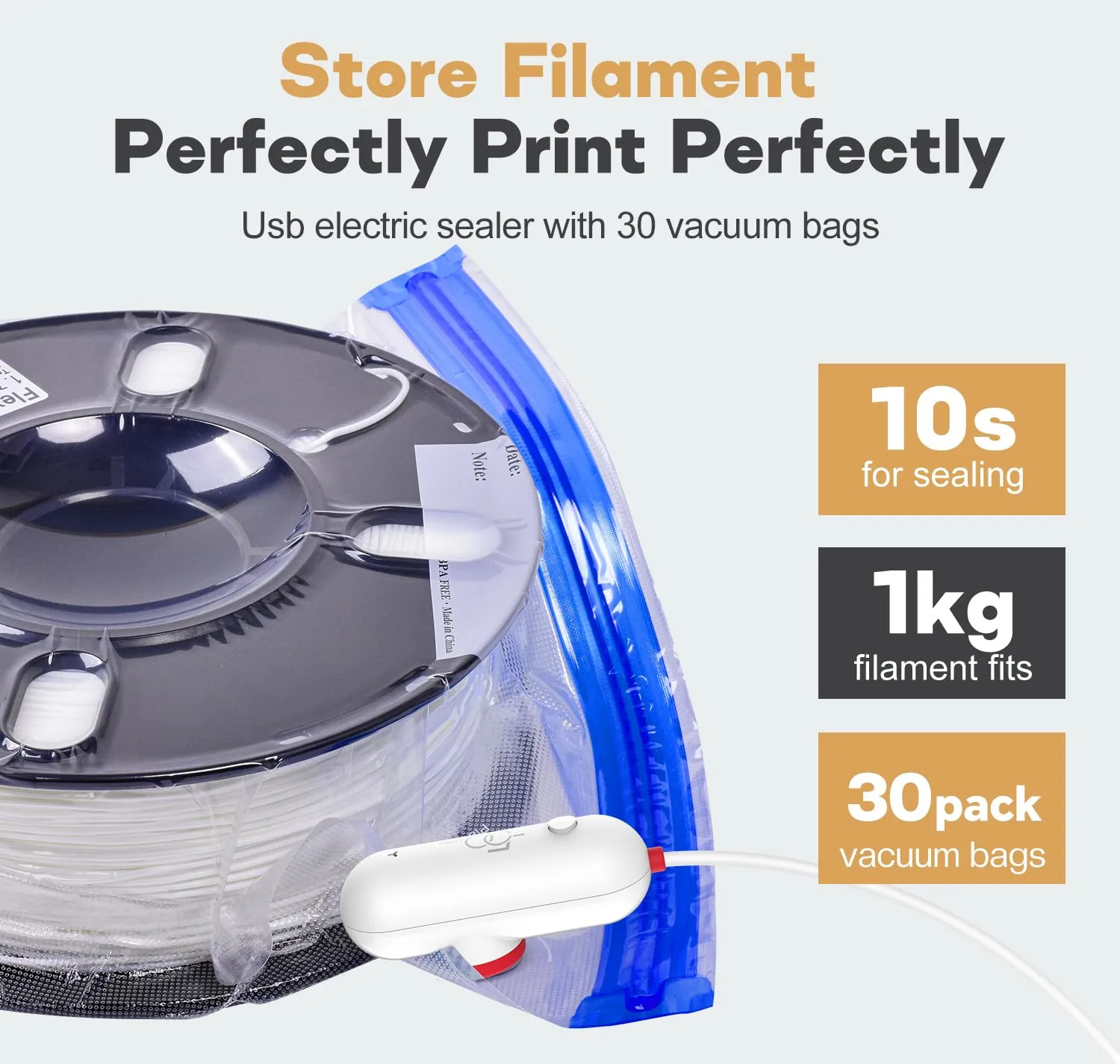 3D Filament Storage Bags with USB Pump, 30 Pack Vacuum Sealed Bags, Compression Storage Bags Keep 3D Printer Filament Dry