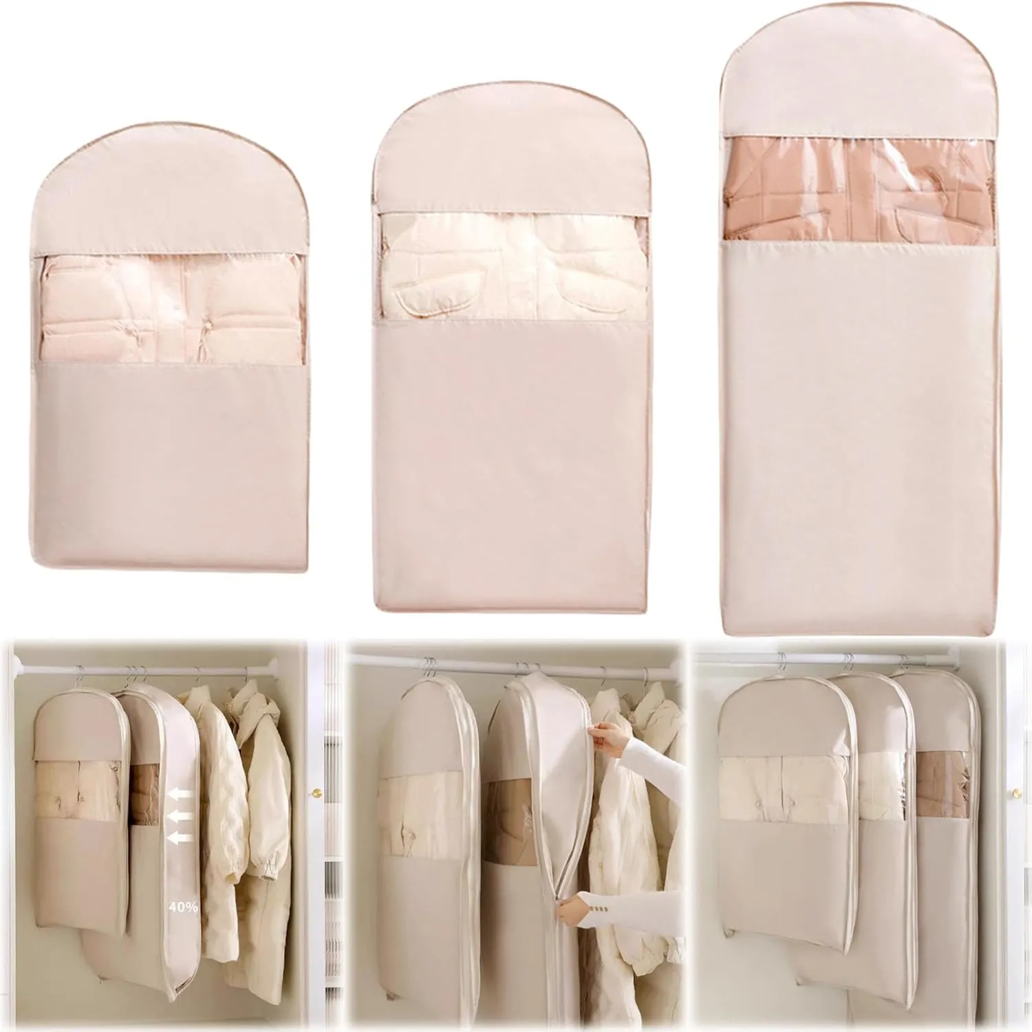 3PCS Space Saving Hanging Garment Bag with Self Compression Zipper, Compression Space Saver Closet Storage Organizers, Dust Cover Clothes Bags for Down Coat (Pink,M L XL)