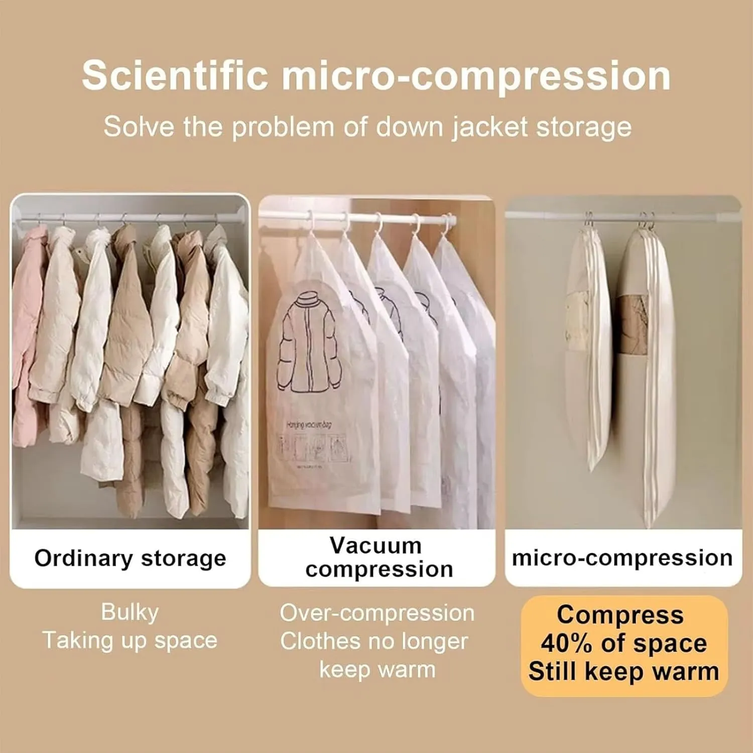 3PCS Space Saving Hanging Garment Bag with Self Compression Zipper, Compression Space Saver Closet Storage Organizers, Dust Cover Clothes Bags for Down Coat (Pink,M L XL)