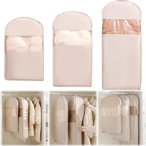 3PCS Space Saving Hanging Garment Bag with Self Compression Zipper, Compression Space Saver Closet Storage Organizers, Dust Cover Clothes Bags for Down Coat (Pink,M L XL)
