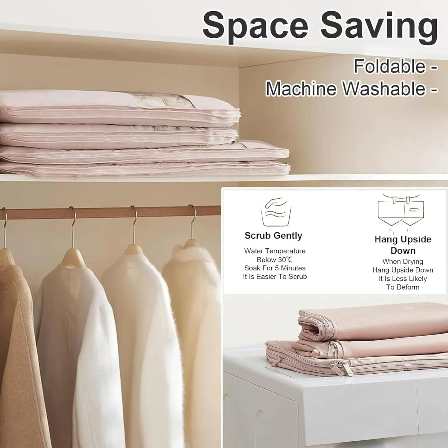 3PCS Space Saving Hanging Garment Bag with Self Compression Zipper, Compression Space Saver Closet Storage Organizers, Dust Cover Clothes Bags for Down Coat (Pink,M L XL)