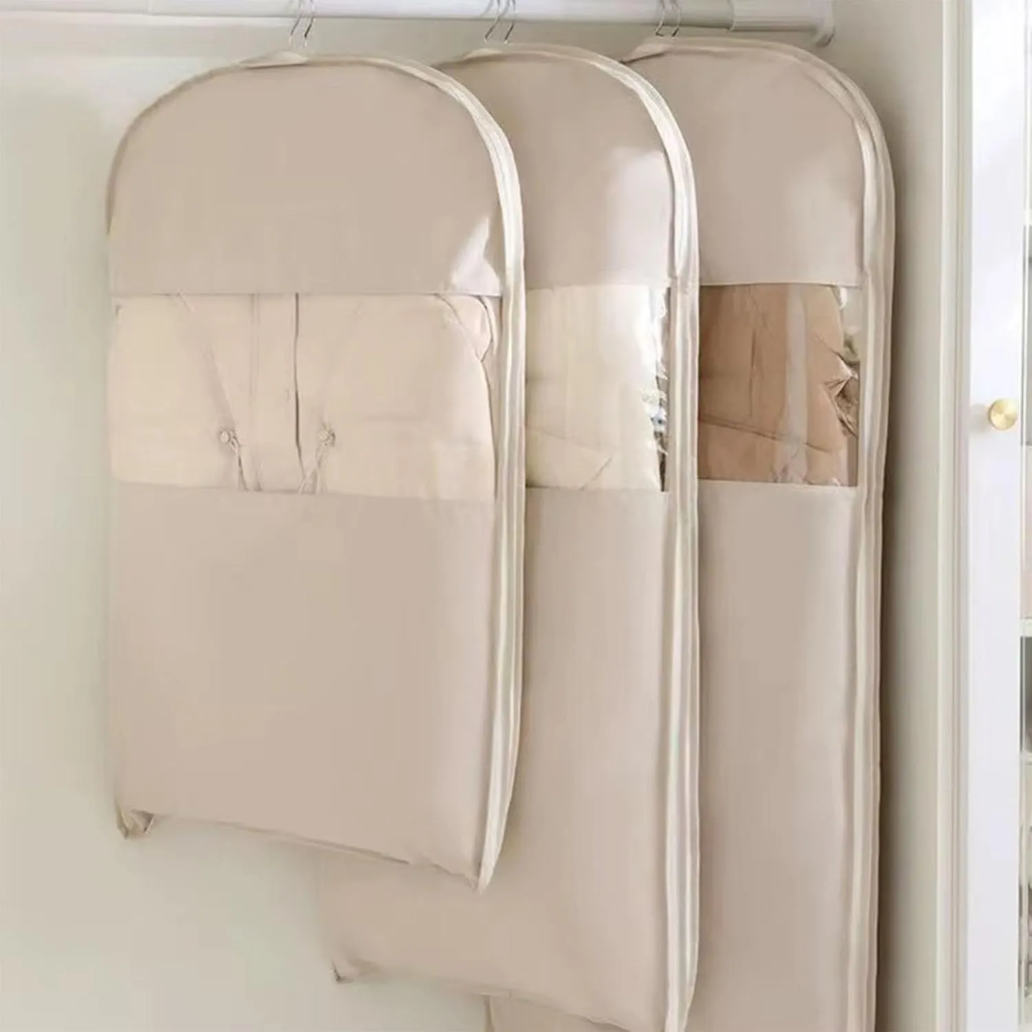 3PCS Space Saving Hanging Garment Bag with Self Compression Zipper, Compression Space Saver Closet Storage Organizers, Dust Cover Clothes Bags for Down Coat (Pink,M L XL)