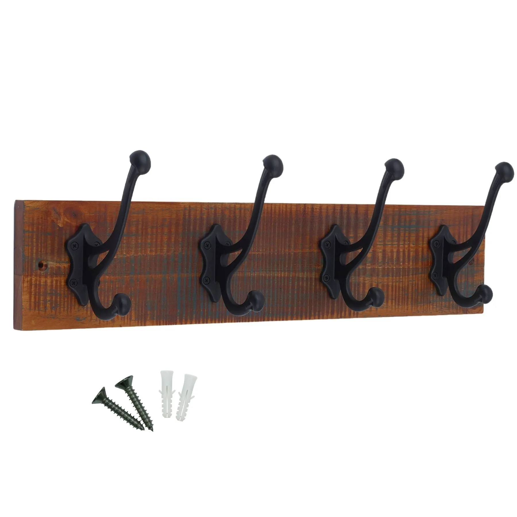 4 Black Antique-Style Hooks on Antique Wooden Board
