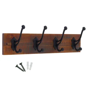 4 Black Antique-Style Hooks on Antique Wooden Board