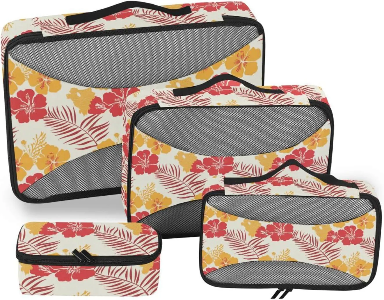 4 Pcs set organizer bags for Mesh Travel Essentials Tropical Style Flower Leaves Yellow and Red lightweight set packing cubes