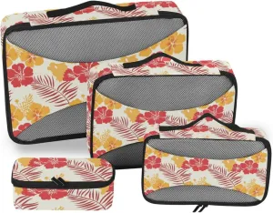 4 Pcs set organizer bags for Mesh Travel Essentials Tropical Style Flower Leaves Yellow and Red lightweight set packing cubes