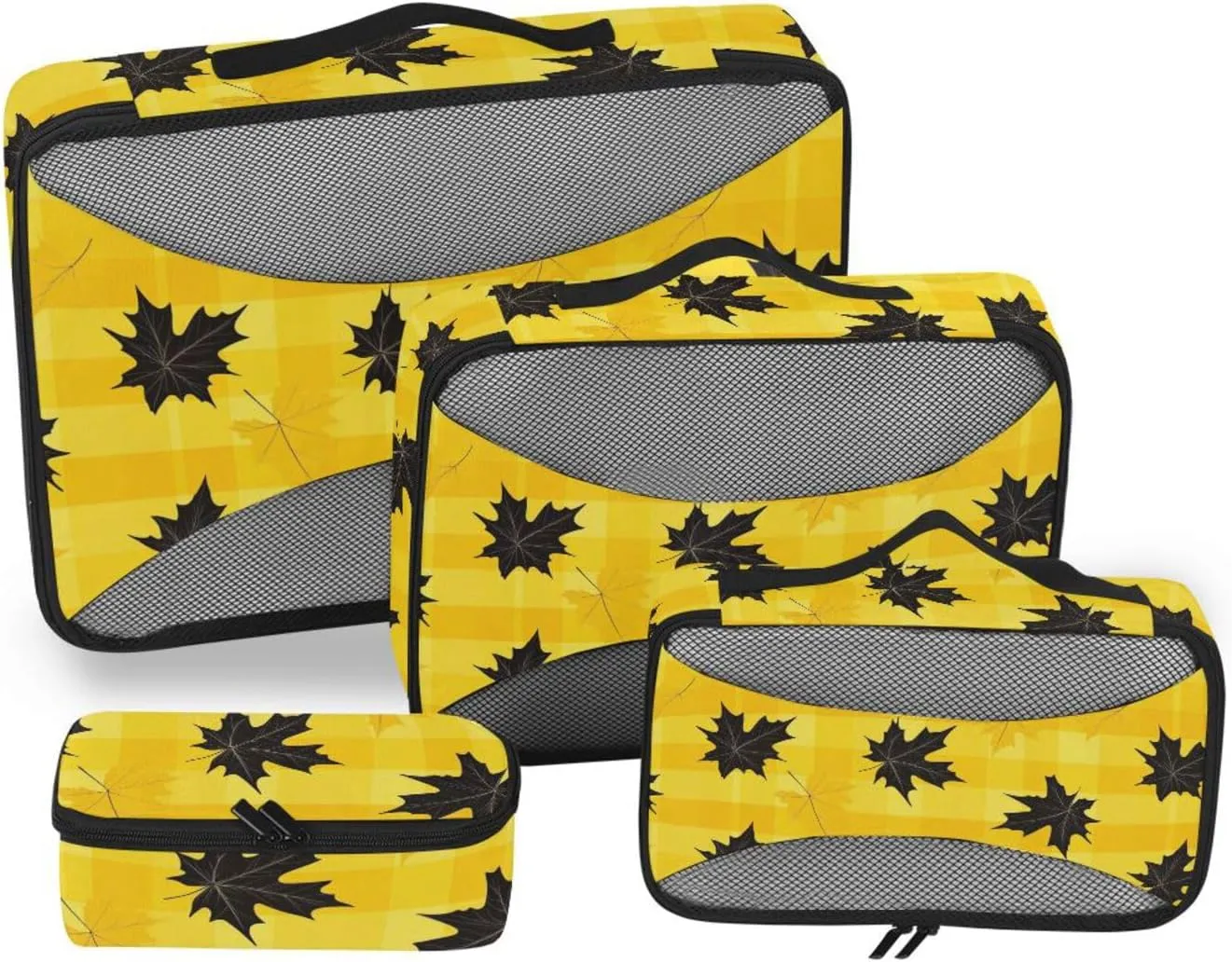 4 Pcs set organizer bags set Mesh Travel Essentials Yellow-black Maple Leaf portable compression packing cube