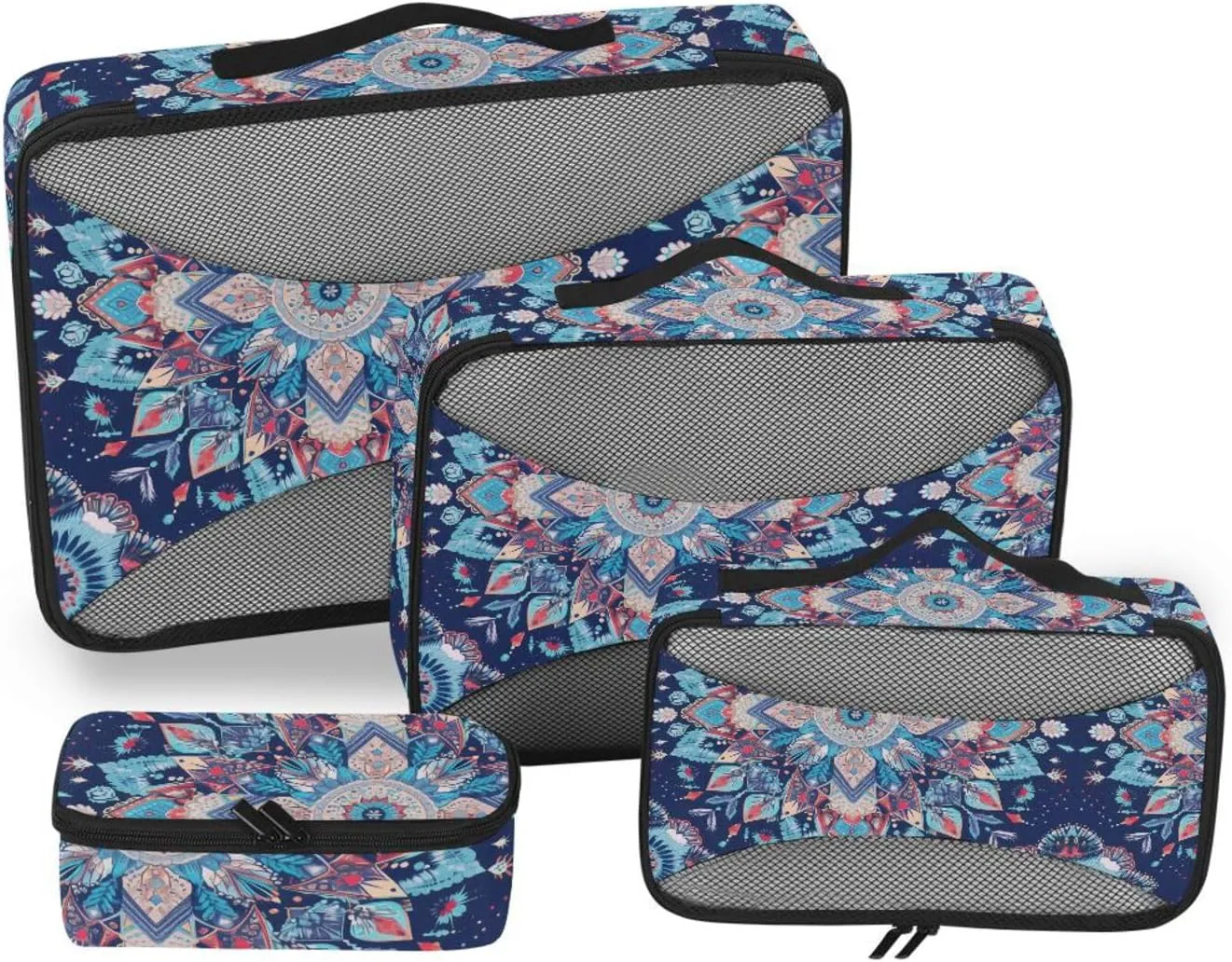 4 Pcs set travel organizer bags Mesh Travel Essentials Bohemian-style Mandala Pattern Red Blue lightweight packing bags