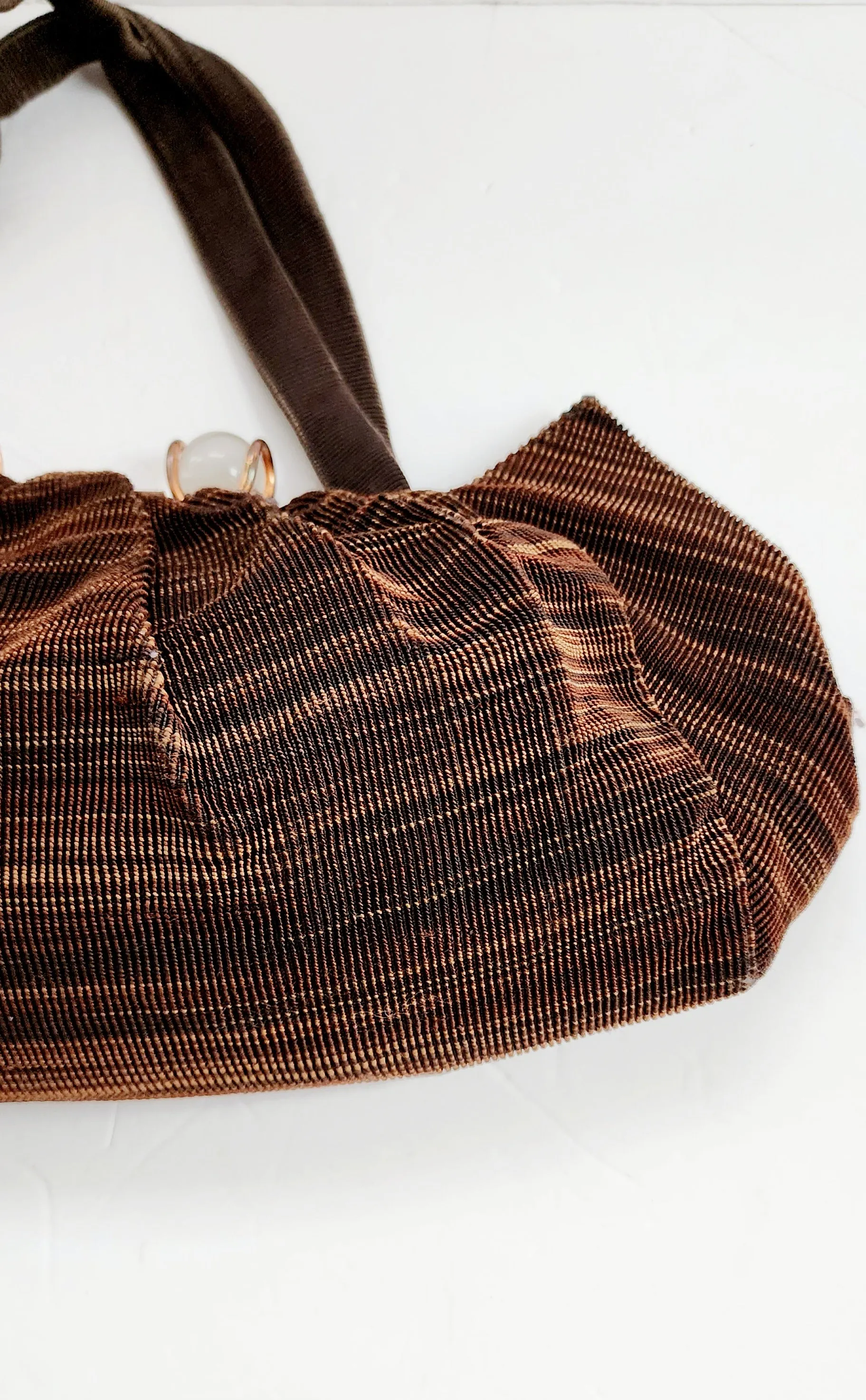 40s Brown Cloth Handbag Glass Balls Clasp