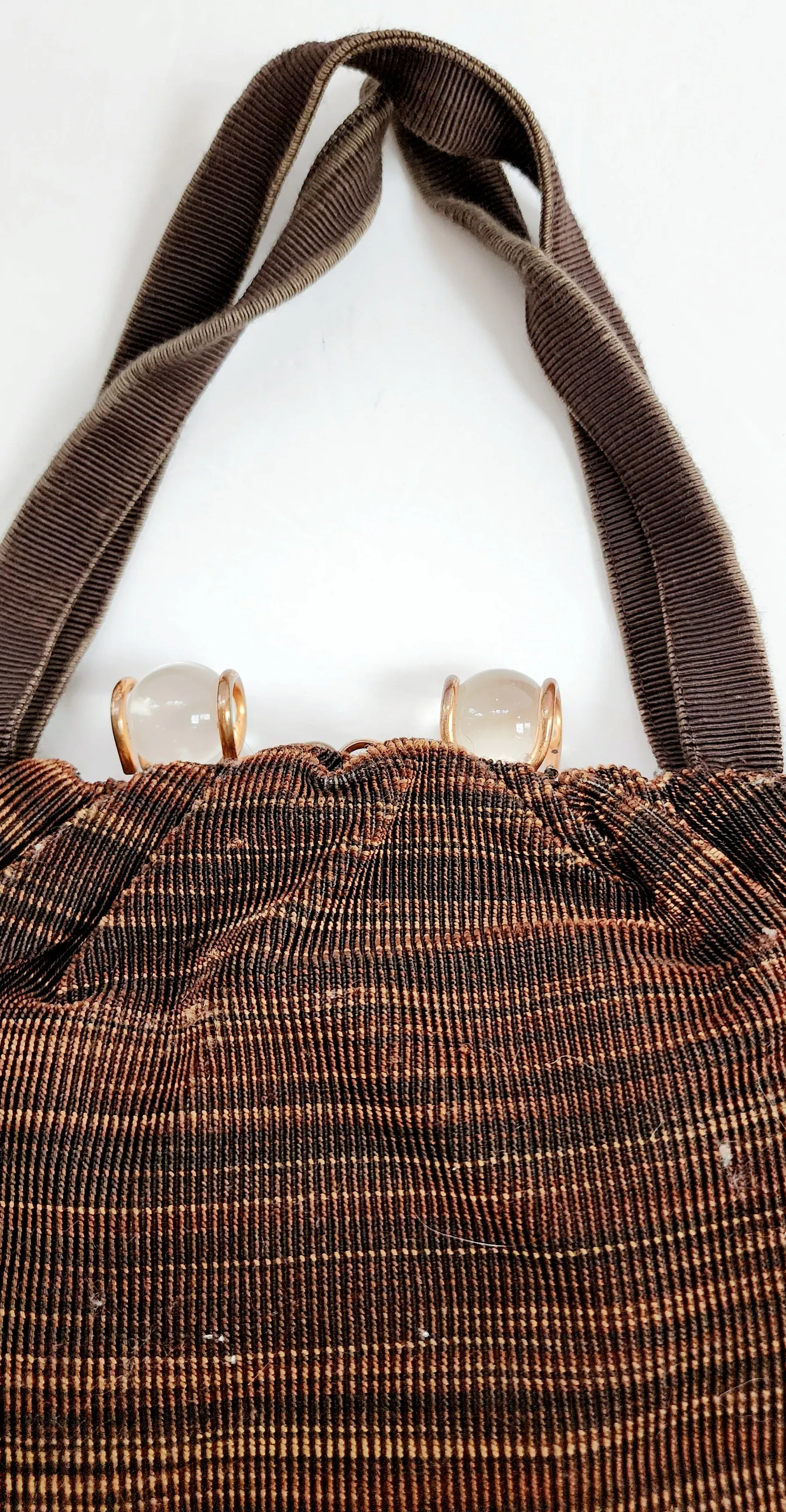40s Brown Cloth Handbag Glass Balls Clasp