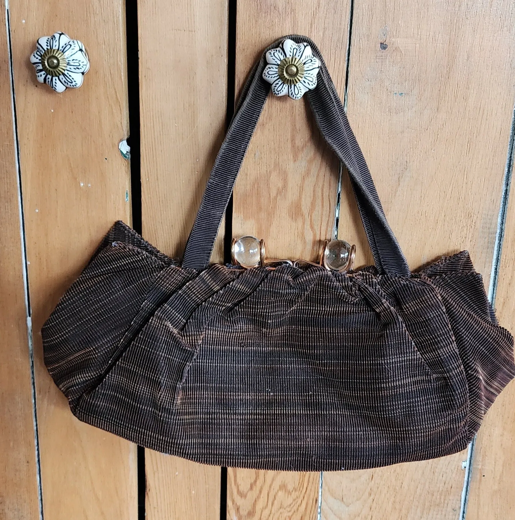 40s Brown Cloth Handbag Glass Balls Clasp