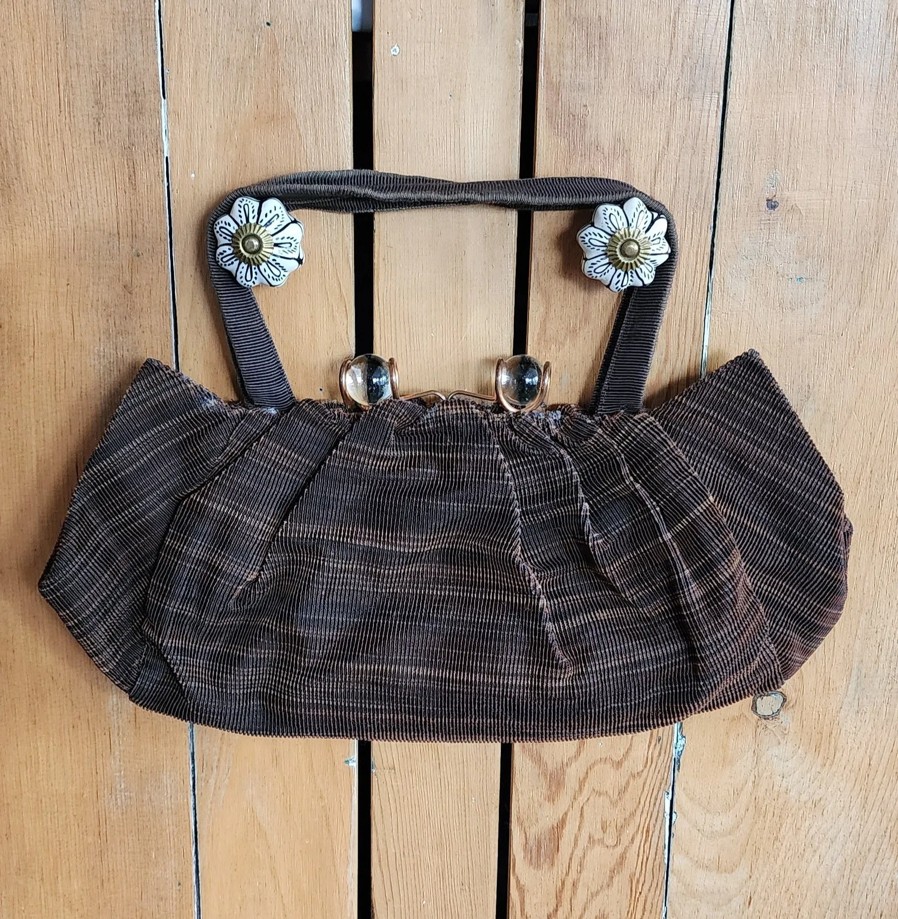 40s Brown Cloth Handbag Glass Balls Clasp