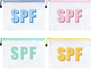 4PCS SPF Makeup Bag Clear Zippered SPF Bag Cosmetic Pouch Waterproof Travel Toiletry Organizer for Women Varsity Letter Patch Beach Pool Essentials