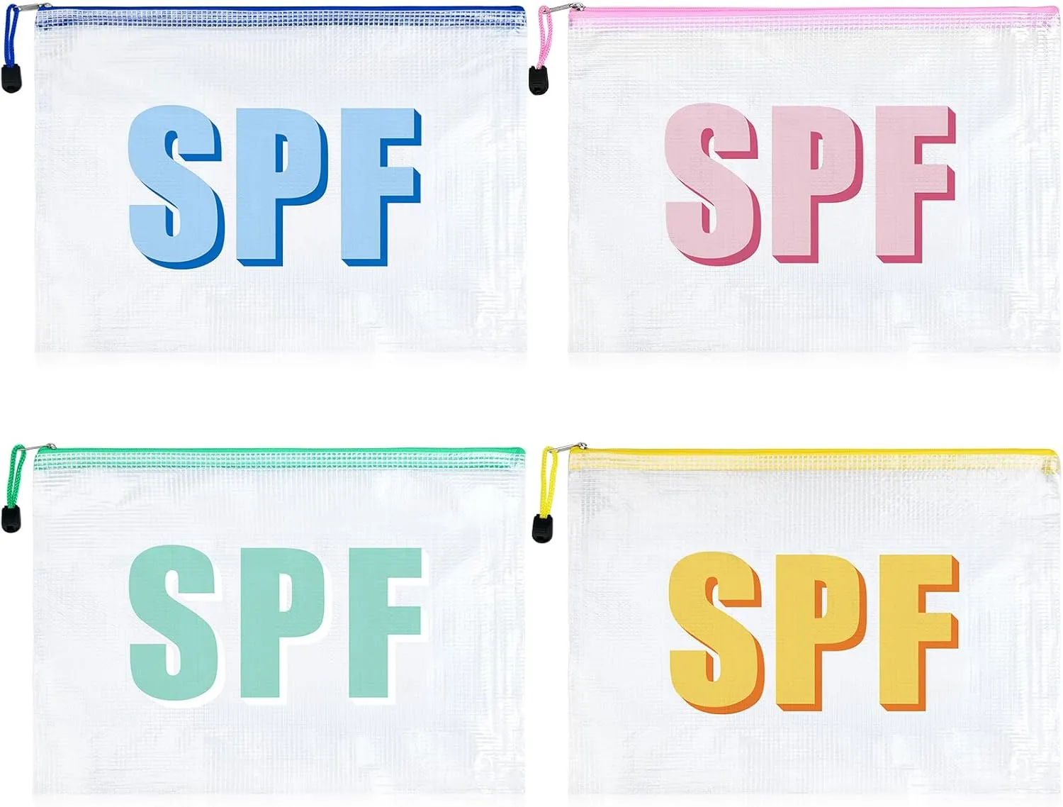 4PCS SPF Makeup Bag Clear Zippered SPF Bag Cosmetic Pouch Waterproof Travel Toiletry Organizer for Women Varsity Letter Patch Beach Pool Essentials