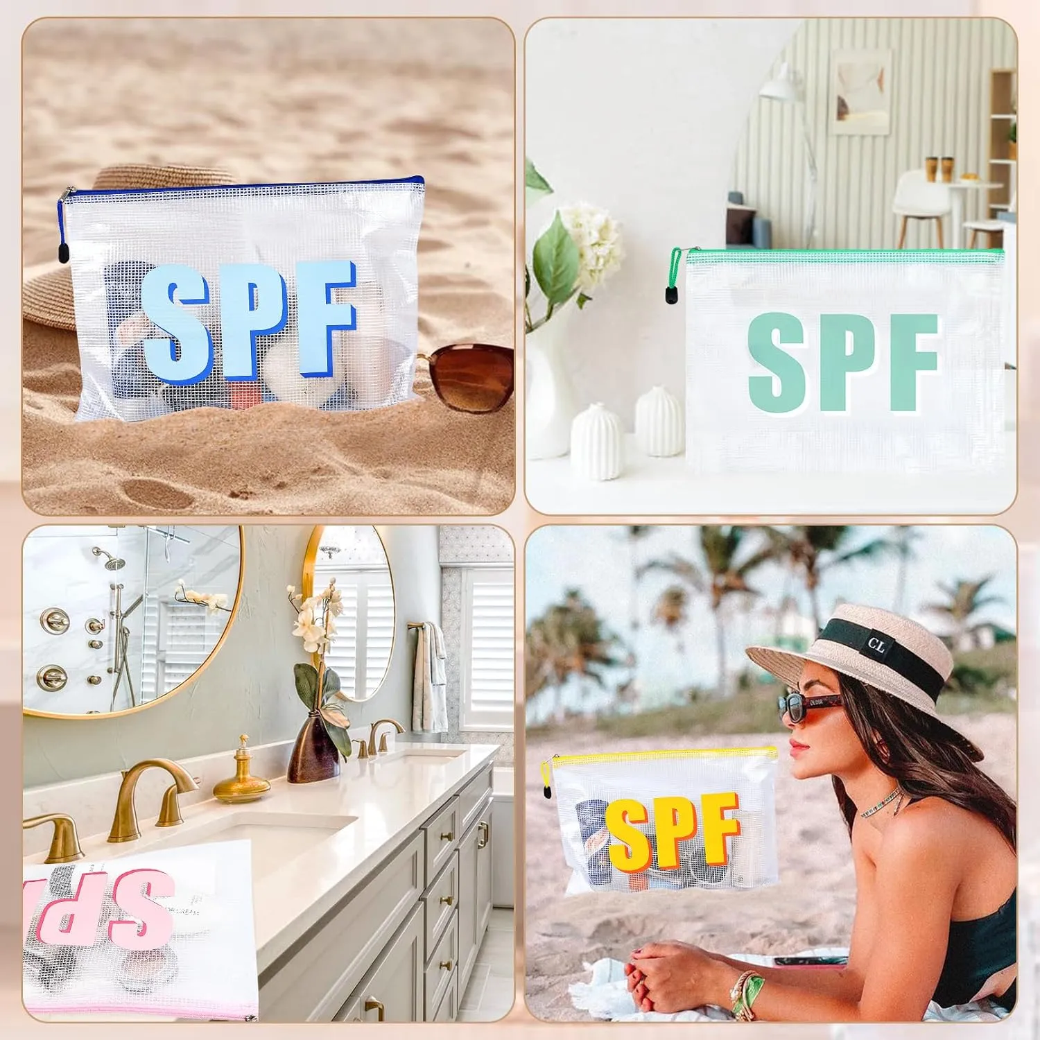 4PCS SPF Makeup Bag Clear Zippered SPF Bag Cosmetic Pouch Waterproof Travel Toiletry Organizer for Women Varsity Letter Patch Beach Pool Essentials