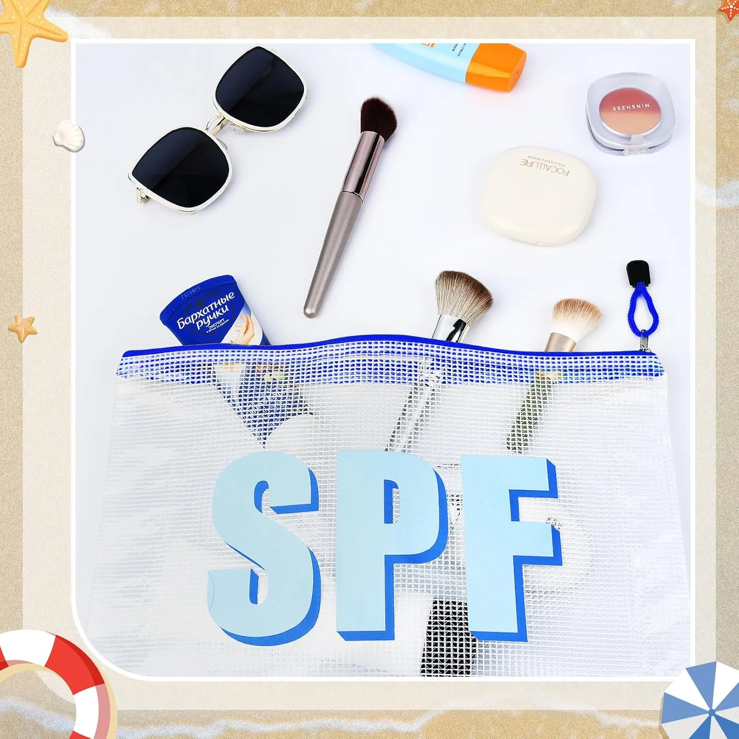 4PCS SPF Makeup Bag Clear Zippered SPF Bag Cosmetic Pouch Waterproof Travel Toiletry Organizer for Women Varsity Letter Patch Beach Pool Essentials