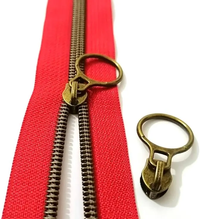 #5 Antique Brass Metallic Nylon Coil Zippers by The Yard Bulk Red Tape 10 Yards with 20pcs Sliders for DIY Sewing Tailor Craft Bag (Anti-Brass Red)