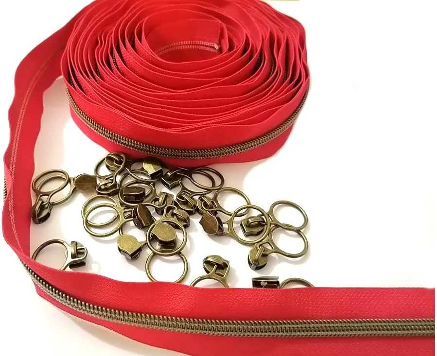 #5 Antique Brass Metallic Nylon Coil Zippers by The Yard Bulk Red Tape 10 Yards with 20pcs Sliders for DIY Sewing Tailor Craft Bag (Anti-Brass Red)