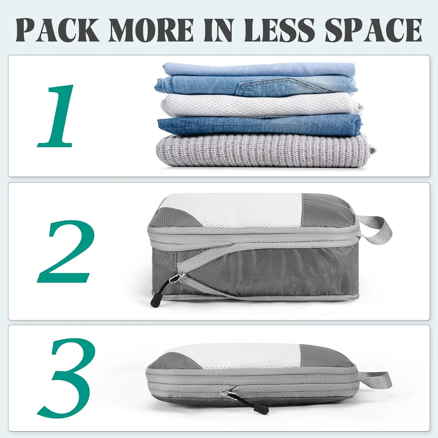 5 Set Compression Packing Cubes Travel: Suitcase Organizers Bags for Compression Luggage Organizer Bags for Traveling Packing Organizers for Travel Essentials Accessories, Grey