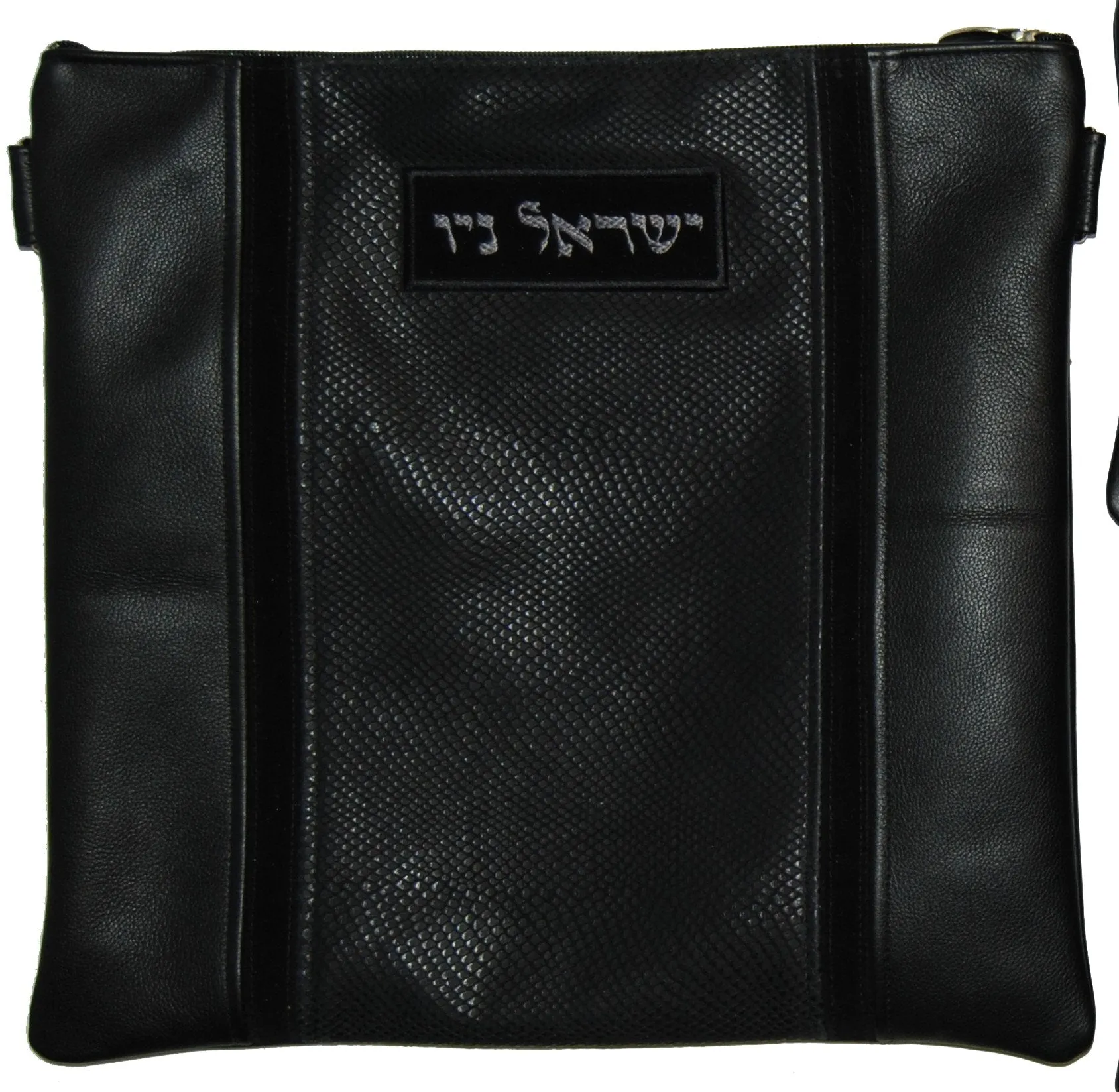 5 vertical strips of leather with name on suede label