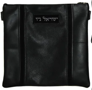 5 vertical strips of leather with name on suede label