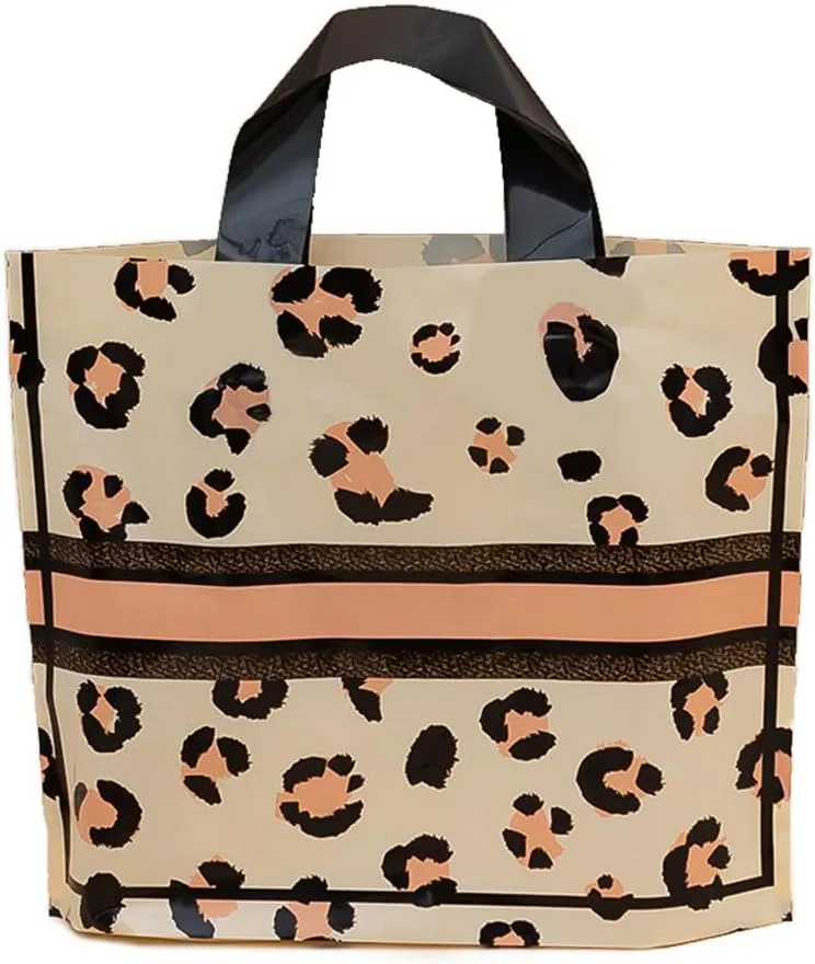 50 Count 9.8'' x 11.8'' Plastic Merchandise Thank You Bags With Handle for Customers, Parties, Favors, Goodies - Leopard Print Shopping, Retail, Gift