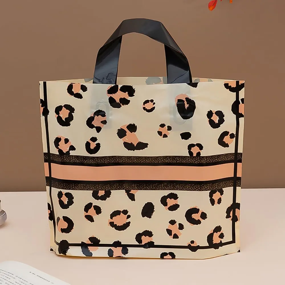 50 Count 9.8'' x 11.8'' Plastic Merchandise Thank You Bags With Handle for Customers, Parties, Favors, Goodies - Leopard Print Shopping, Retail, Gift