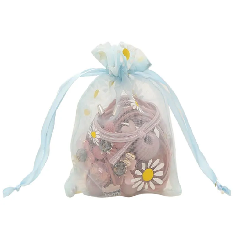 50pcs Organza Bags with Daisies Pattern - 3 Sizes