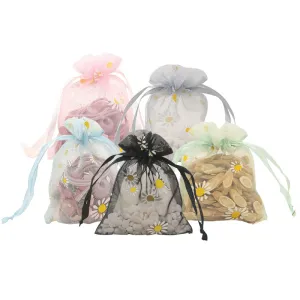 50pcs Organza Bags with Daisies Pattern - 3 Sizes