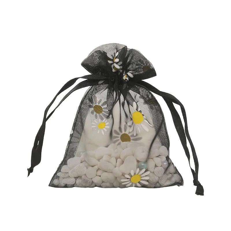 50pcs Organza Bags with Daisies Pattern - 3 Sizes