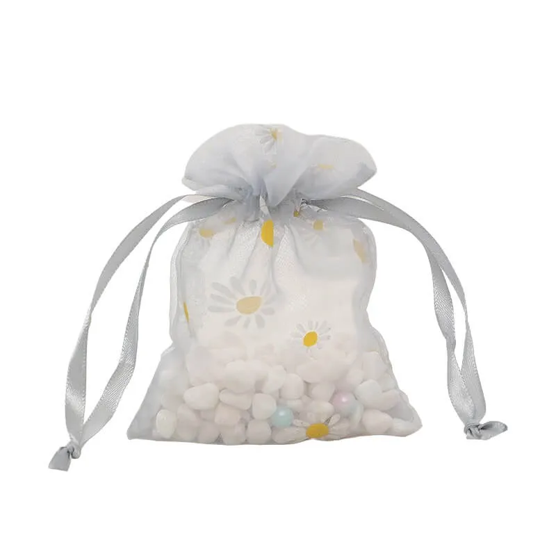 50pcs Organza Bags with Daisies Pattern - 3 Sizes