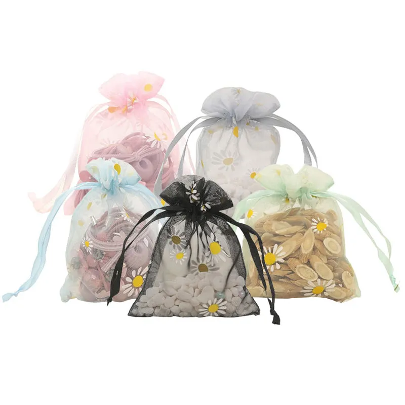 50pcs Organza Bags with Daisies Pattern - 3 Sizes