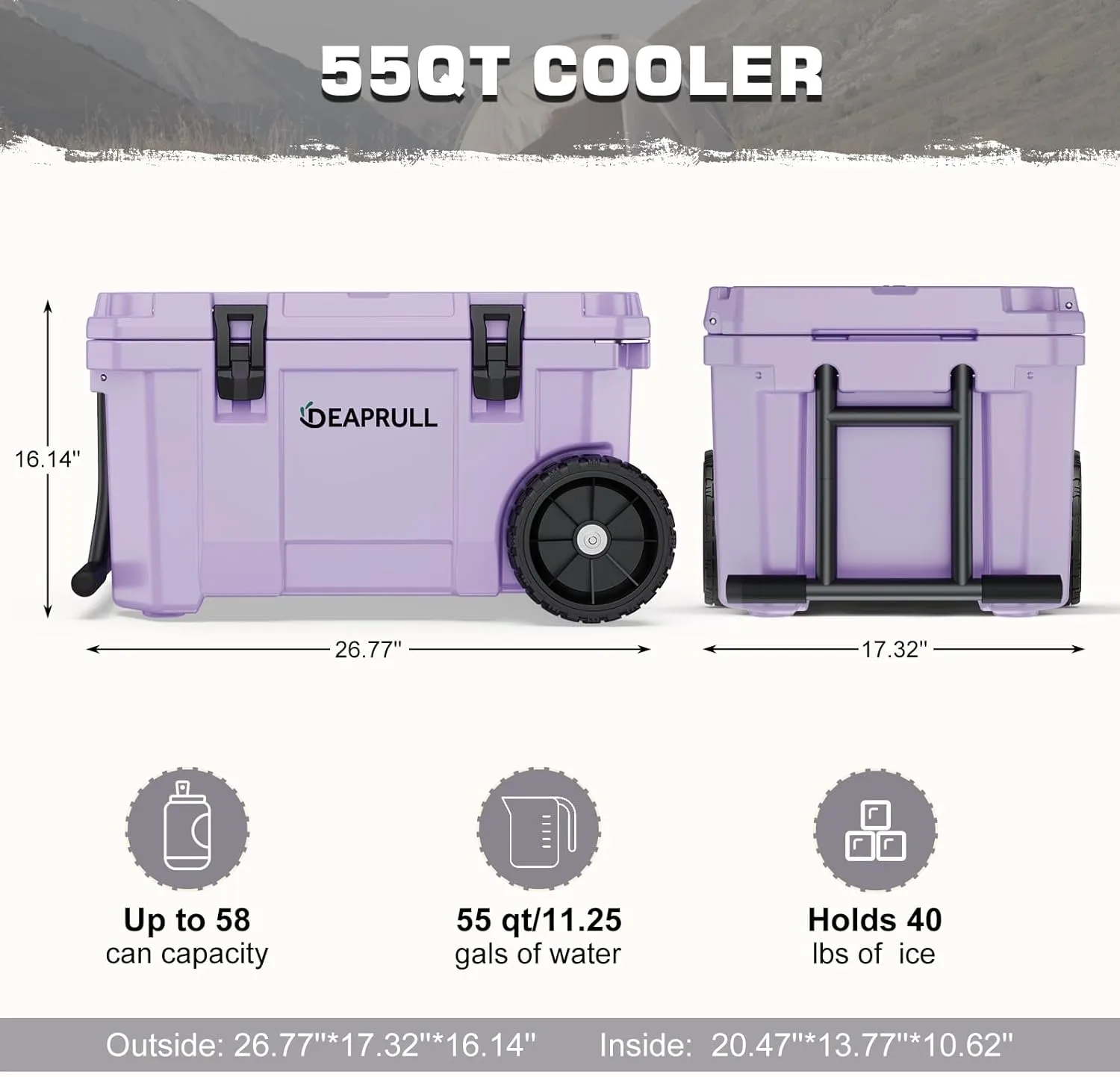 55 Quart Cooler with Wheels, Ice Chests Portable Camping Cooler Holds Ice up to 6 Days, Leak-Proof Outdoor Insulated Cooler with Handle, Cup Holders, Hard Cooler for Camping, Beach, Boat