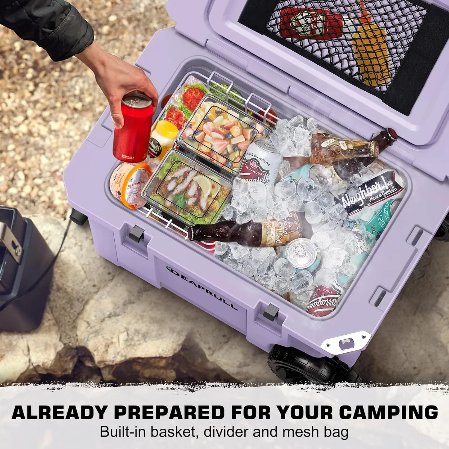 55 Quart Cooler with Wheels, Ice Chests Portable Camping Cooler Holds Ice up to 6 Days, Leak-Proof Outdoor Insulated Cooler with Handle, Cup Holders, Hard Cooler for Camping, Beach, Boat