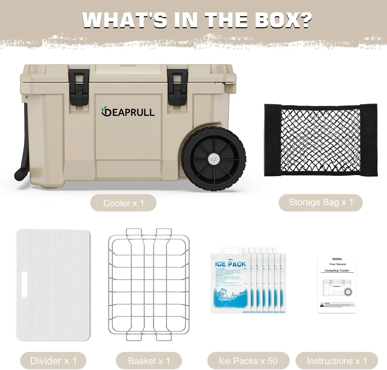 55 Quart Cooler with Wheels, Ice Chests Portable Camping Cooler Holds Ice up to 6 Days, Leak-Proof Outdoor Insulated Cooler with Handle, Cup Holders, Hard Cooler for Camping, Beach, Boat