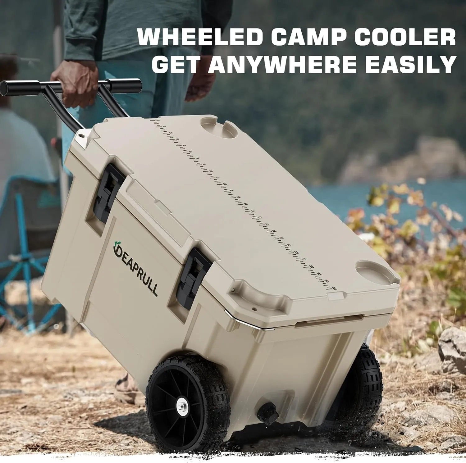 55 Quart Cooler with Wheels, Ice Chests Portable Camping Cooler Holds Ice up to 6 Days, Leak-Proof Outdoor Insulated Cooler with Handle, Cup Holders, Hard Cooler for Camping, Beach, Boat