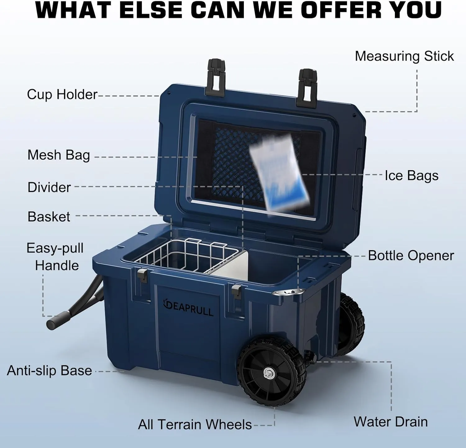 55 Quart Cooler with Wheels, Ice Chests Portable Camping Cooler Holds Ice up to 6 Days, Leak-Proof Outdoor Insulated Cooler with Handle, Cup Holders, Hard Cooler for Camping, Beach, Boat