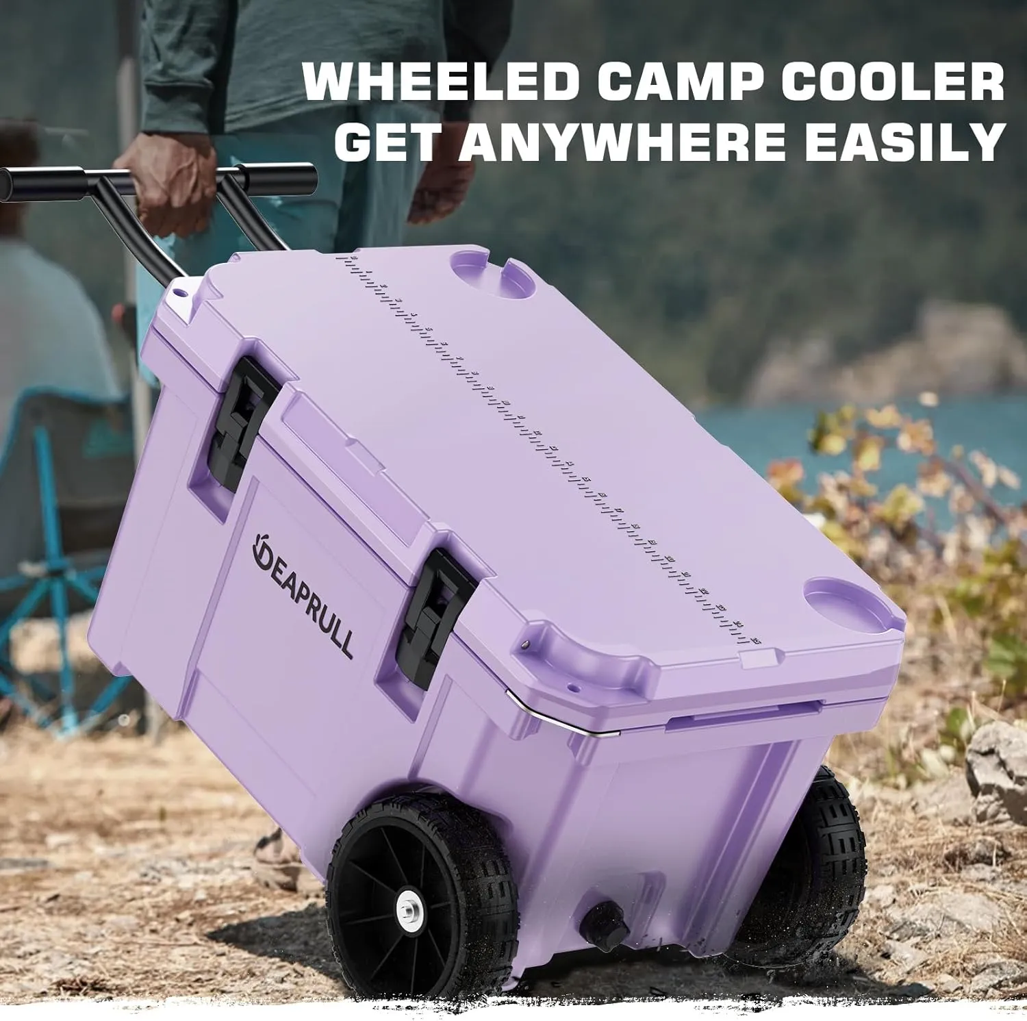 55 Quart Cooler with Wheels, Ice Chests Portable Camping Cooler Holds Ice up to 6 Days, Leak-Proof Outdoor Insulated Cooler with Handle, Cup Holders, Hard Cooler for Camping, Beach, Boat